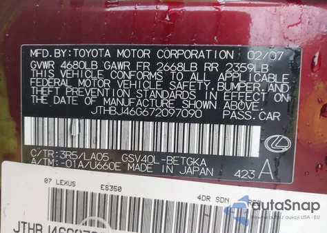 2007 Lexus Es 350 z USA, uszkodzony, nr VIN JTHBJ46G672097090